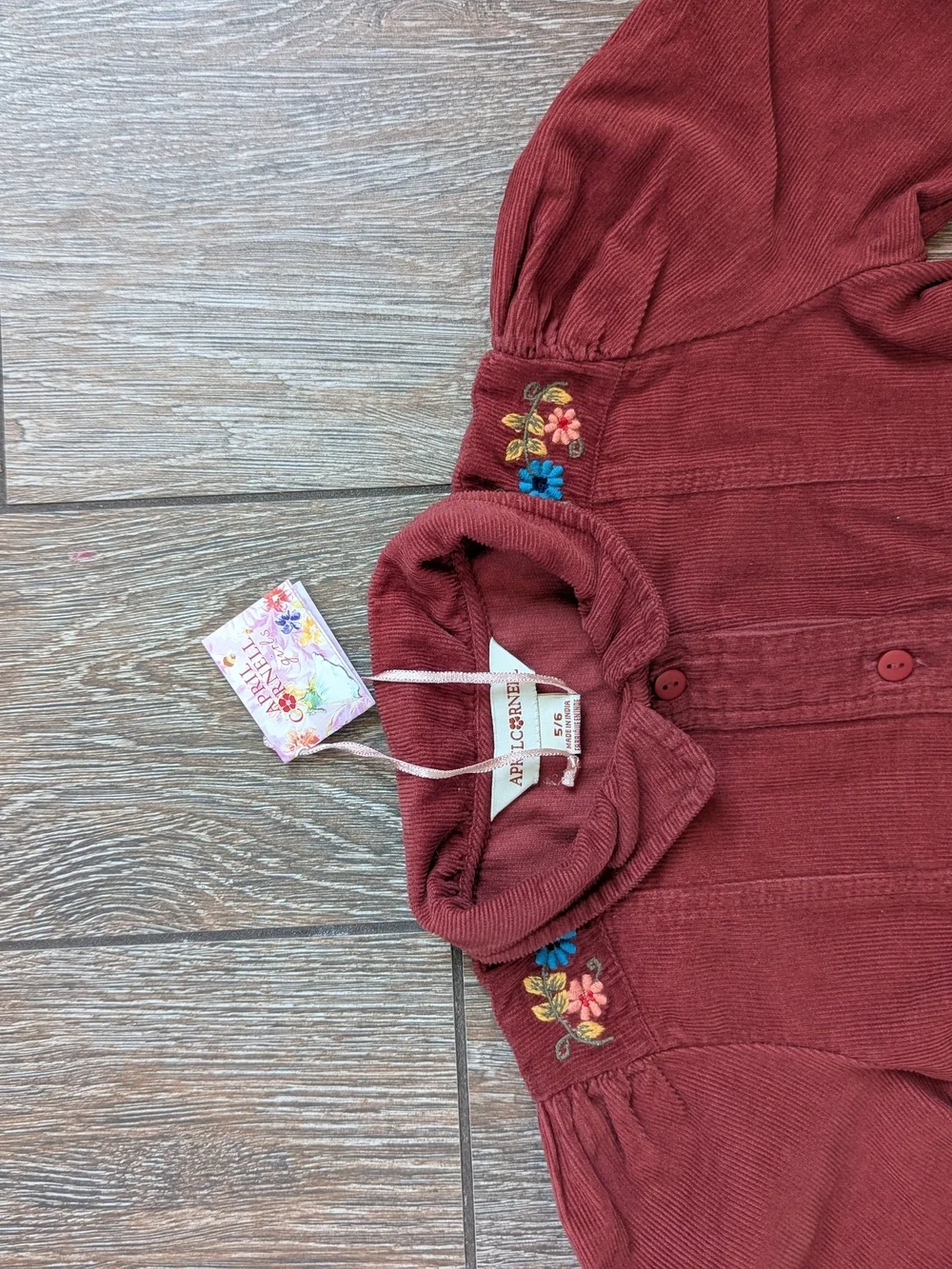 April Cornell Girls Cranberry Corduroy Dress Embroidered 5-6 NWT Puff Sleeve
